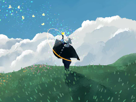 2K Quad HD PC desktop wallpaper from the video game Sky: Children of the Light — a cloaked figure with a glowing cape walks on a grassy hill beneath billowing clouds and sparkling motes.