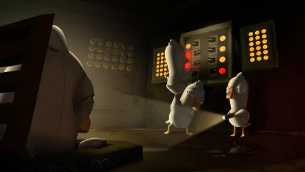 HD desktop wallpaper featuring characters from Goose Goose Duck game in a dimly lit control room setting.