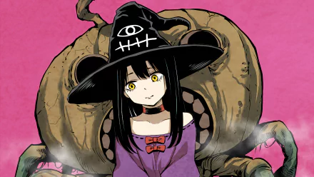 Miko Yotsuya from the anime Mieruko-chan stands with an eerie creature behind her, set against a vibrant pink background in this striking 4K Ultra HD wallpaper.