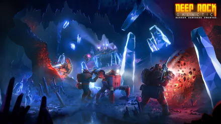 HD desktop wallpaper of Deep Rock Galactic game featuring dwarf miners battling creatures in an underground setting.