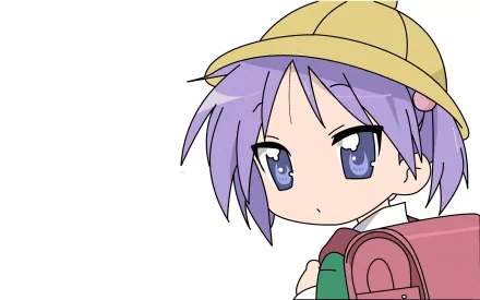 HD anime desktop wallpaper featuring Kagami Hiiragi from Lucky Star wearing a yellow hat and carrying a pink backpack.