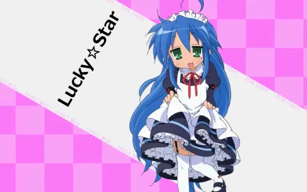 HD PC desktop wallpaper background featuring Konata Izumi from Lucky Star anime: blue-haired girl in a frilly maid outfit against a pink checkerboard backdrop.