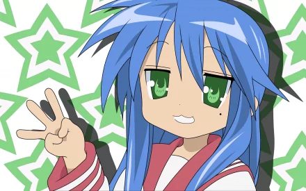 A vibrant HD desktop wallpaper featuring Konata Izumi from the anime Lucky Star, sporting blue hair and green eyes, playfully flashing a peace sign against a star-patterned background.