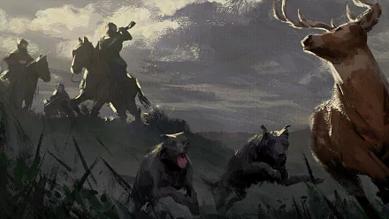 HD desktop wallpaper featuring art from Crusader Kings III with knights on horseback in a dramatic landscape, alongside wild animals.