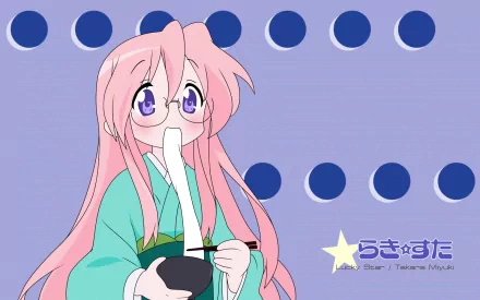 HD anime wallpaper featuring Miyuki Takara from Lucky Star, with her signature pink hair and glasses, set against a blue background with dark blue polka dots.