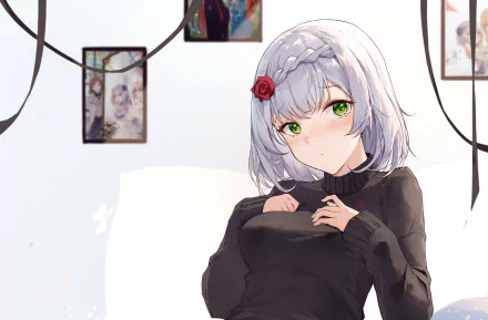 Noelle from the video game Genshin Impact in a cozy black sweater, silver hair with a red rose, green eyes in a minimalist white room — 4K Ultra HD PC desktop wallpaper/background.