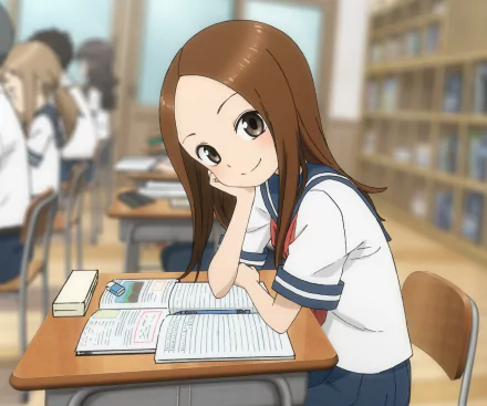 Takagi (Karakai Jouzu no Takagi-san) smiles teasingly at her desk with an open textbook — anime HD PC desktop wallpaper of Teasing Master Takagi-san in a classroom.