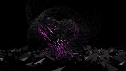 A striking 3D CGI art piece featuring a dynamic heart design in shades of purple and black, set against a dramatic backdrop of jagged shapes, making it an eye-catching HD wallpaper.