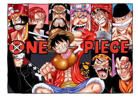 Vibrant 4K Ultra HD One Piece anime wallpaper featuring key Straw Hat Pirates characters in dynamic poses against a dark background.