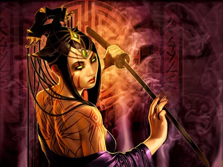 HD desktop wallpaper featuring a fantasy character from Legend of the Five Rings with glowing eyes, intricate tattoos, and holding a sword against a smoke-filled, mystical backdrop.