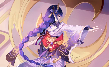 Baal Raiden Shogun from Genshin Impact in a dynamic pose with flowing hair and robes, featured in a vibrant 4K Ultra HD PC desktop wallpaper.