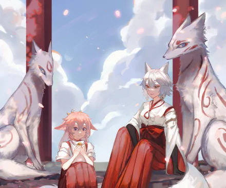2K Quad HD wallpaper of Yae Miko as Guuji beside Kitsune Saiguu and two fox spirits on a shrine balcony under soft clouds — Genshin Impact video game fan art.