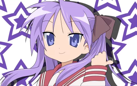 HD PC desktop wallpaper featuring Kagami Hiiragi from the anime Lucky Star, with a purple star-patterned background and her signature twin tails and school uniform.