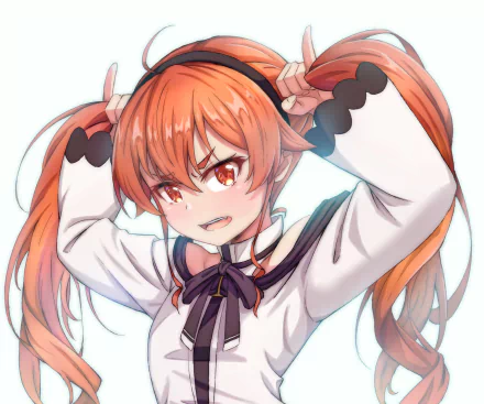 Eris Boreas Greyrat from Mushoku Tensei: Jobless Reincarnation — anime HD PC wallpaper of her tugging twin tails with a fierce grin and bright red-orange hair.