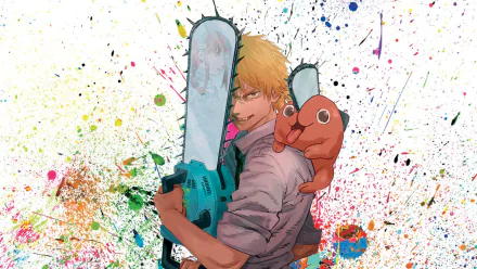 HD PC desktop wallpaper of Denji and Pochita from Chainsaw Man — Denji holding a chainsaw while Pochita perches on his shoulder against a colorful paint-splatter anime background.