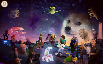 HD desktop wallpaper featuring a collage of various meme graphics including a Shiba Inu dog, popular internet characters, and whimsical elements set against a cosmic background.