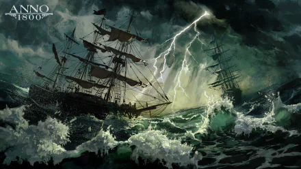 Anno 1800 video game HD PC desktop wallpaper/background: tall sailing ships battered by a lightning-lit storm and towering waves on a dark, turbulent sea.