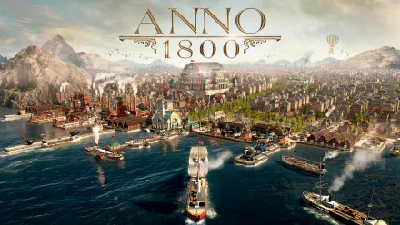 Anno 1800 video game 4K Ultra HD PC wallpaper: panoramic industrial-era harbor with sailing and steam ships, factories, domed cityscape and distant mountains.