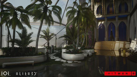HD desktop wallpaper featuring a scenic view from the video game Hitman 3, showcasing a luxurious tropical setting with palm trees and elegant architecture.