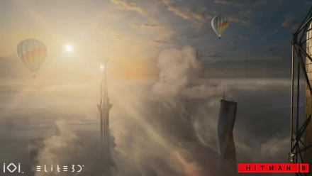 Stunning HD desktop wallpaper for Hitman 3 featuring hot air balloons soaring above the clouds at sunrise.