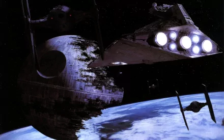 HD desktop wallpaper of a Star Wars scene showing a Star Destroyer, TIE Fighter, and Death Star in space above a planet.