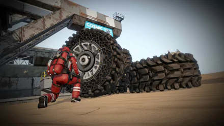 HD desktop wallpaper featuring a space engineer character next to massive vehicle wheels in a desert-like environment.