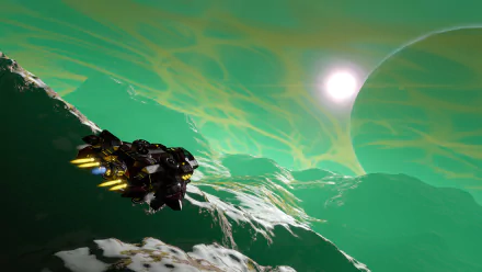 HD space engineers desktop wallpaper featuring a futuristic spacecraft flying over a green alien planet with a sun in the background.