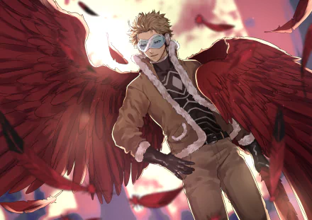 Hawks (Keigo Takami) from My Hero Academia, goggles and bomber jacket, crimson wings spread beneath a glowing sky — 4K Ultra HD PC desktop wallpaper/background.