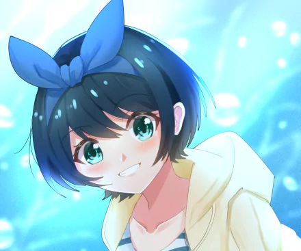 HD PC desktop wallpaper featuring Ruka Sarashina from the anime Rent-A-Girlfriend with bright eyes, a blue bow, and a light-colored jacket against a glowing blue background.