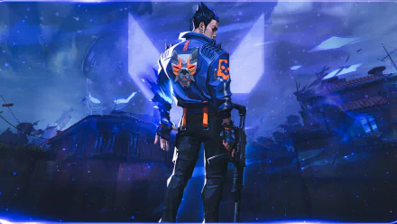 HD PC desktop wallpaper featuring Yoru from the video game Valorant, set against a dark, futuristic battlefield backdrop.