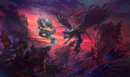 Video game — Total War: Warhammer III 4K Ultra HD PC desktop wallpaper: winged warrior clashes with a coiled serpent-dragon under lightning-streaked crimson skies above a chaotic battlefield.