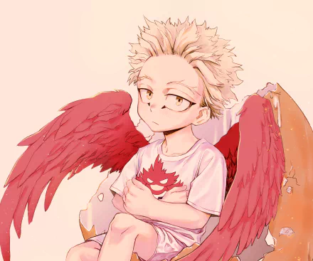 Chibi-style Keigo Takami (Hawks) from My Hero Academia with red wings, holding a small bird figure, in a 4K Ultra HD anime desktop wallpaper.