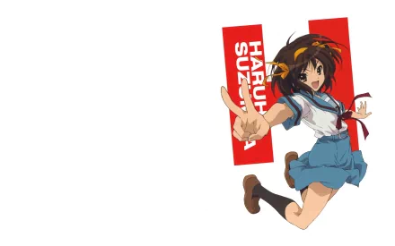 Haruhi Suzumiya in a school uniform with short brown hair and brown eyes, mid-jump pose in skirt on white background, anime 2K Quad HD PC desktop wallpaper.