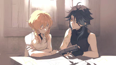 Xiao and Lumine from Genshin Impact share a moment over a table in this detailed 4K Ultra HD PC desktop wallpaper from the video game.