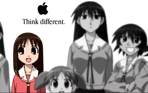Anime Azumanga Daioh HD PC desktop wallpaper/background: colored schoolgirl in foreground with grayscale classmates behind, Apple logo and Think different. slogan.