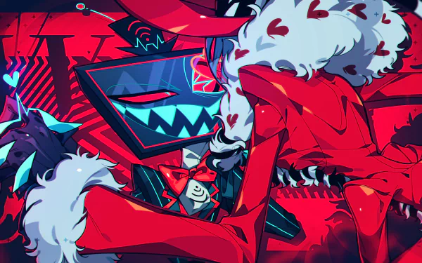 HD PC desktop wallpaper featuring Hazbin Hotel TV show characters Vox and Valentino: Vox's neon TV face grins beside Valentino in a red fur coat against a bold red-and-blue stylized background.