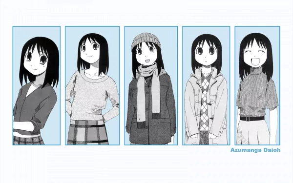 Black-and-white Azumanga Daioh anime characters in five vertical panels, arranged for an HD PC desktop wallpaper and background.