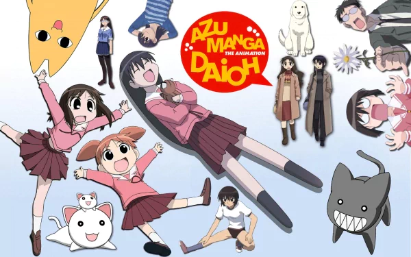 HD anime desktop wallpaper featuring characters from Azumanga Daioh in dynamic poses around the series logo on a soft blue background.