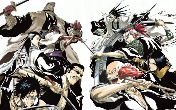 High-definition wallpaper featuring characters from the anime Bleach, including Sajin Komamura, Byakuya Kuchiki, Kaname Tosen, and others engaged in an intense battle.