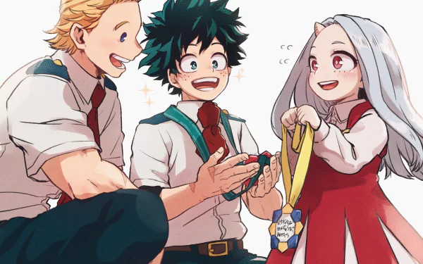 HD My Hero Academia desktop wallpaper featuring Mirio Togata, Izuku Midoriya, and Eri in a vibrant anime-style scene.
