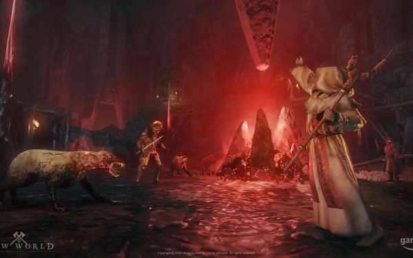 HD desktop wallpaper from New World video game featuring a mystic cave battle scene with an archer and a hound under a crimson light.
