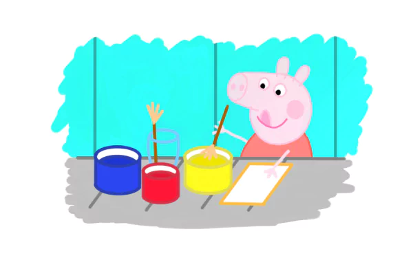 HD desktop wallpaper featuring Peppa Pig painting with colorful paints on a bright blue background.