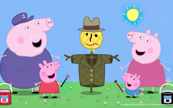 Bright and cheerful HD desktop wallpaper featuring Peppa Pig and friends celebrating with a scarecrow in a sunny field, showcasing their creativity and fun spirit.