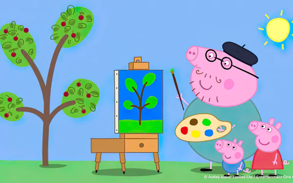 HD desktop wallpaper featuring Peppa Pig characters with Daddy Pig painting on a canvas outdoors, under a sunny sky.