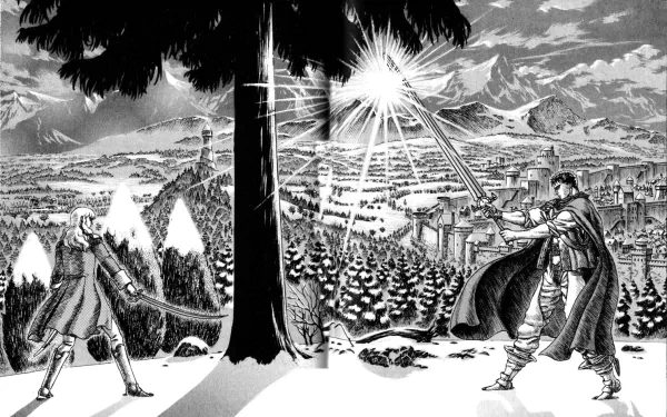 A dramatic black-and-white scene from the anime Berserk, featuring Guts and Griffith in a tense standoff amidst a mountainous landscape, showcasing intense emotion and artistry.