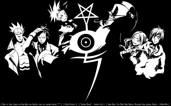 HD PC desktop wallpaper featuring Millennium Earl and characters from the anime D.Gray-man in a stylized black and white design.
