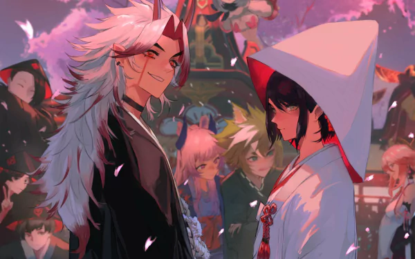 4K Ultra HD PC wallpaper of Genshin Impact characters Yae Miko, Sangonomiya Kokomi, Kujou Sara, Gorou and Arataki Itto amid falling cherry blossoms at a vibrant festival scene.