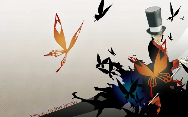 HD PC desktop wallpaper featuring a stylized D.Gray-man anime character surrounded by black and orange butterflies against a gradient background.