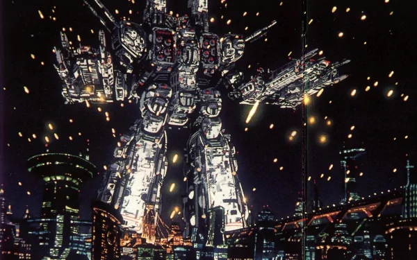HD anime desktop wallpaper featuring the towering SDF-1 Macross spaceship from the Macross series, illuminated against a dark, starry backdrop.