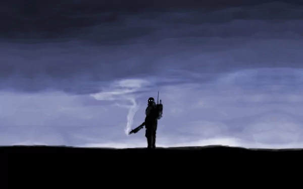 HD PC desktop wallpaper from Jin-Roh: The Wolf Brigade — lone armored figure smoking on a dark horizon under a brooding blue-gray sky.